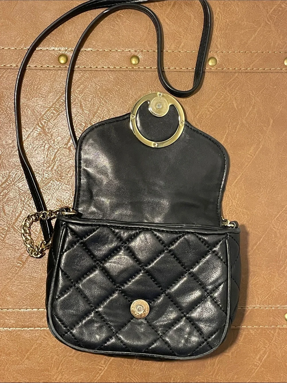 Used Michael Kors Black Quilted Crossbody Bag with Gold Logo